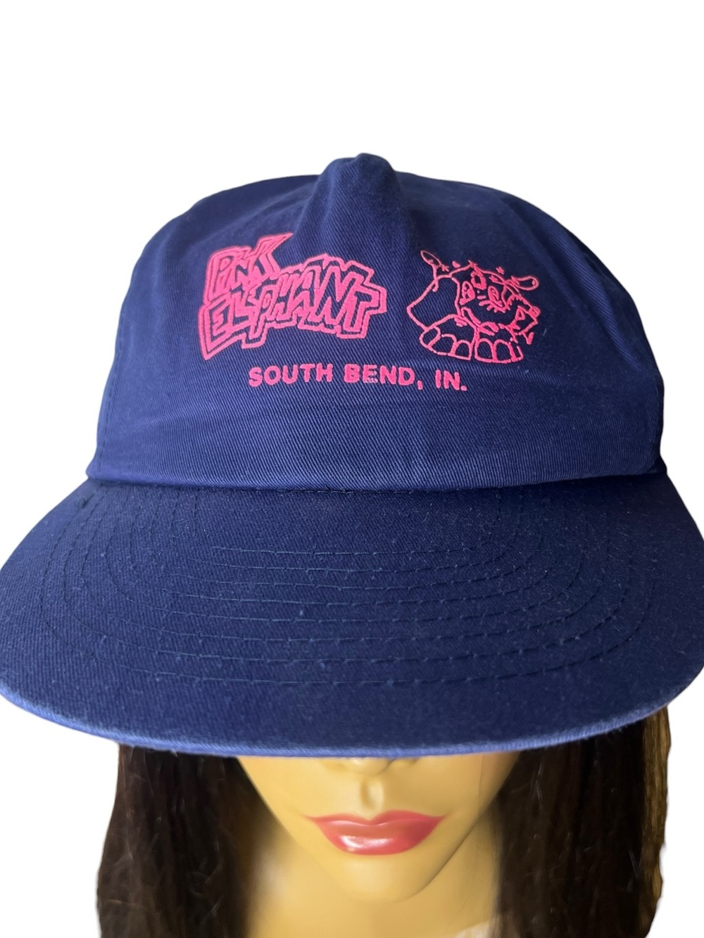 Vintage 90s Pink Elephant South Bend Indiana Snapback Hat Navy Pink Mohn’s